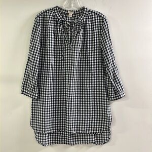 J CREW Preppy Linen B/W Gingham Tie Split V Hi-Lo Shirttail 3/4 SLV Dress SZ XS